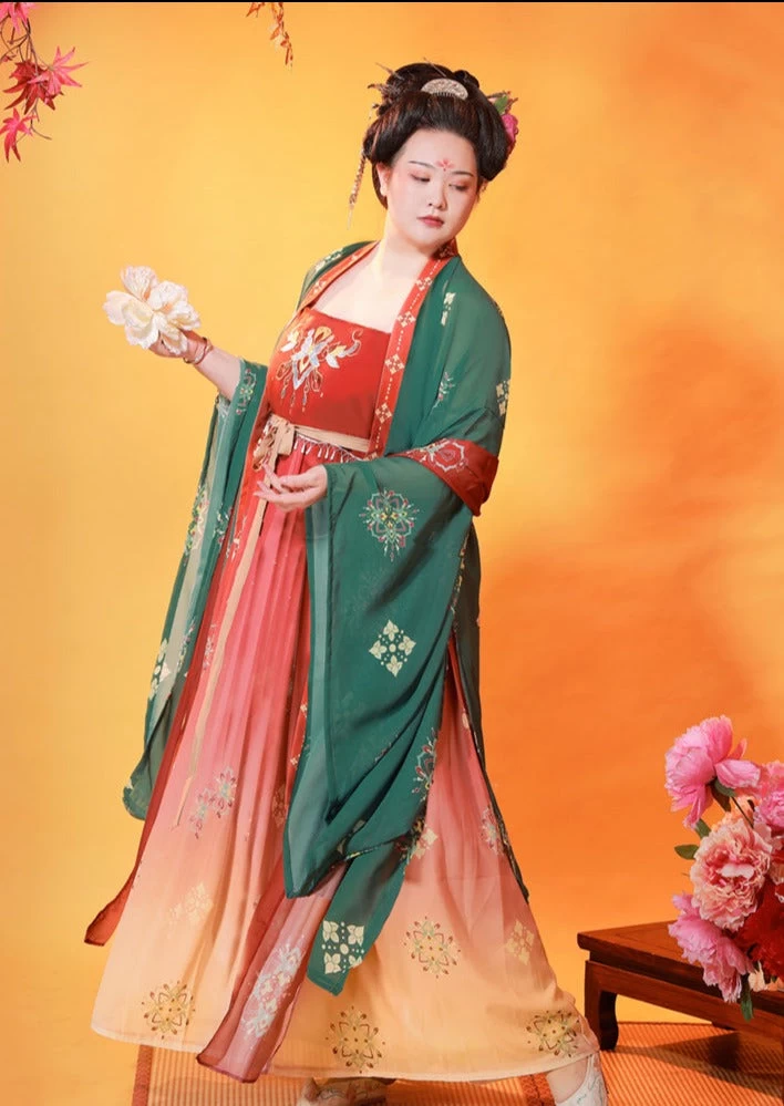 Women Chiffon Modern Plus Size Hanfu Set Green/Red Floral | HANFUBAO