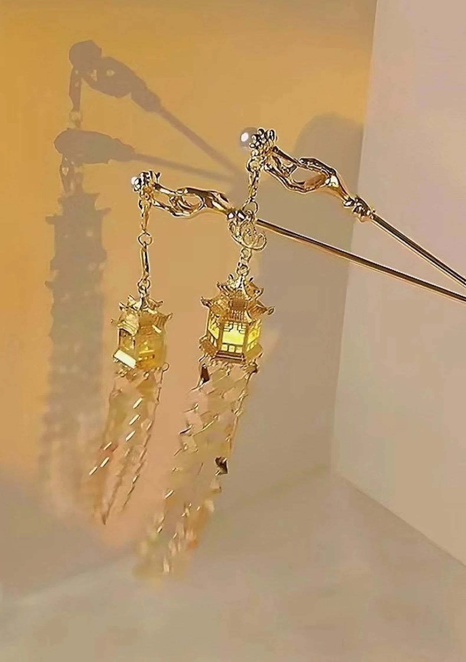 Women Pavilion Lantern Tassel Hairpin Gold Faux Pearl Metal| HANFUBAO