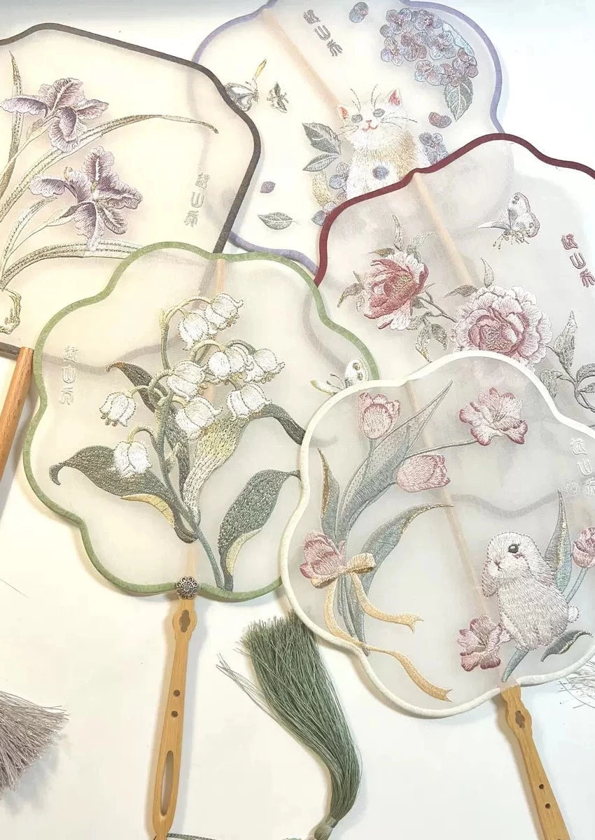 Women Bamboo Hand Fan 4-Color Valley Lily Embroidery Big 33cm| HANFUBAO