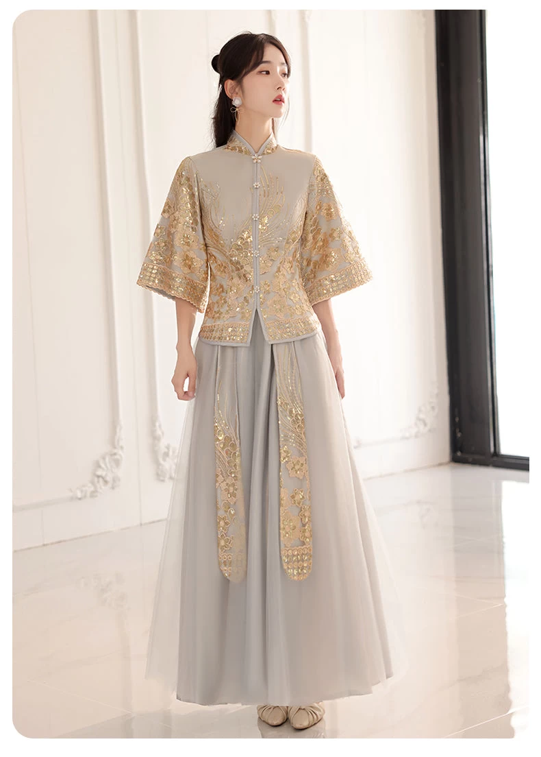 Women Chinese Style Hanfu Dress Set Gray  Bridal Party | HANFUBAO