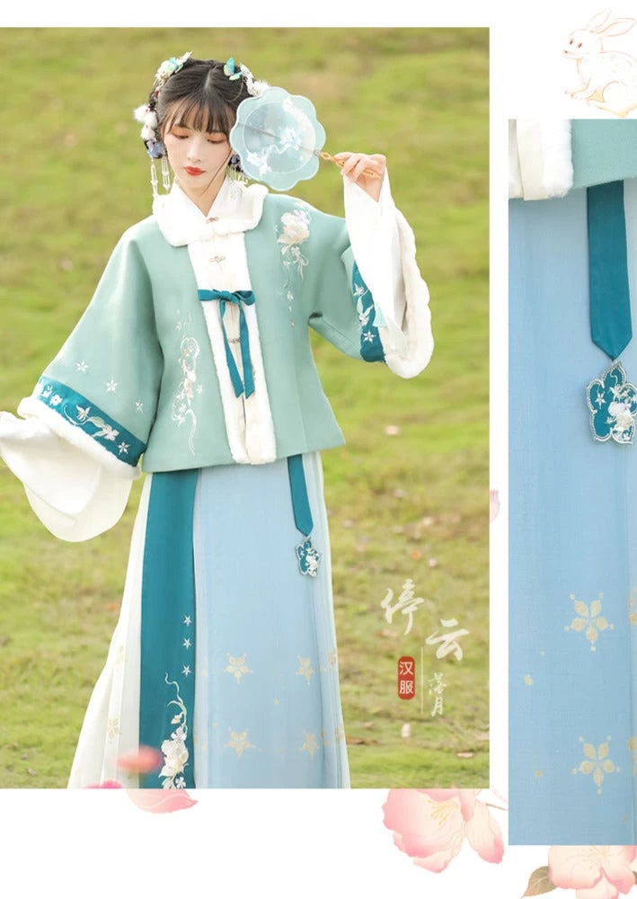 Women Ming Dynasty Winter Hanfu Set Long Skirt Cardigan Cotton Blend|HANFUBAO