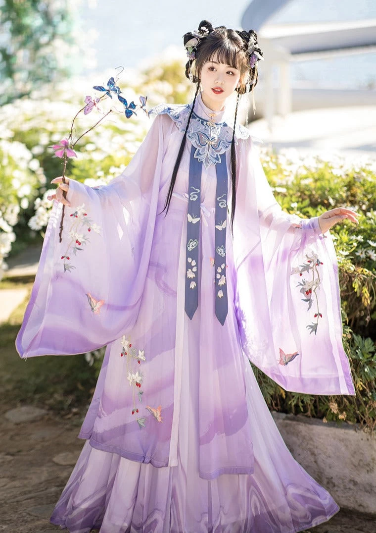 Women Modern Hanfu 5-Piece Set Purple Flower Embroidery | HANFUBAO