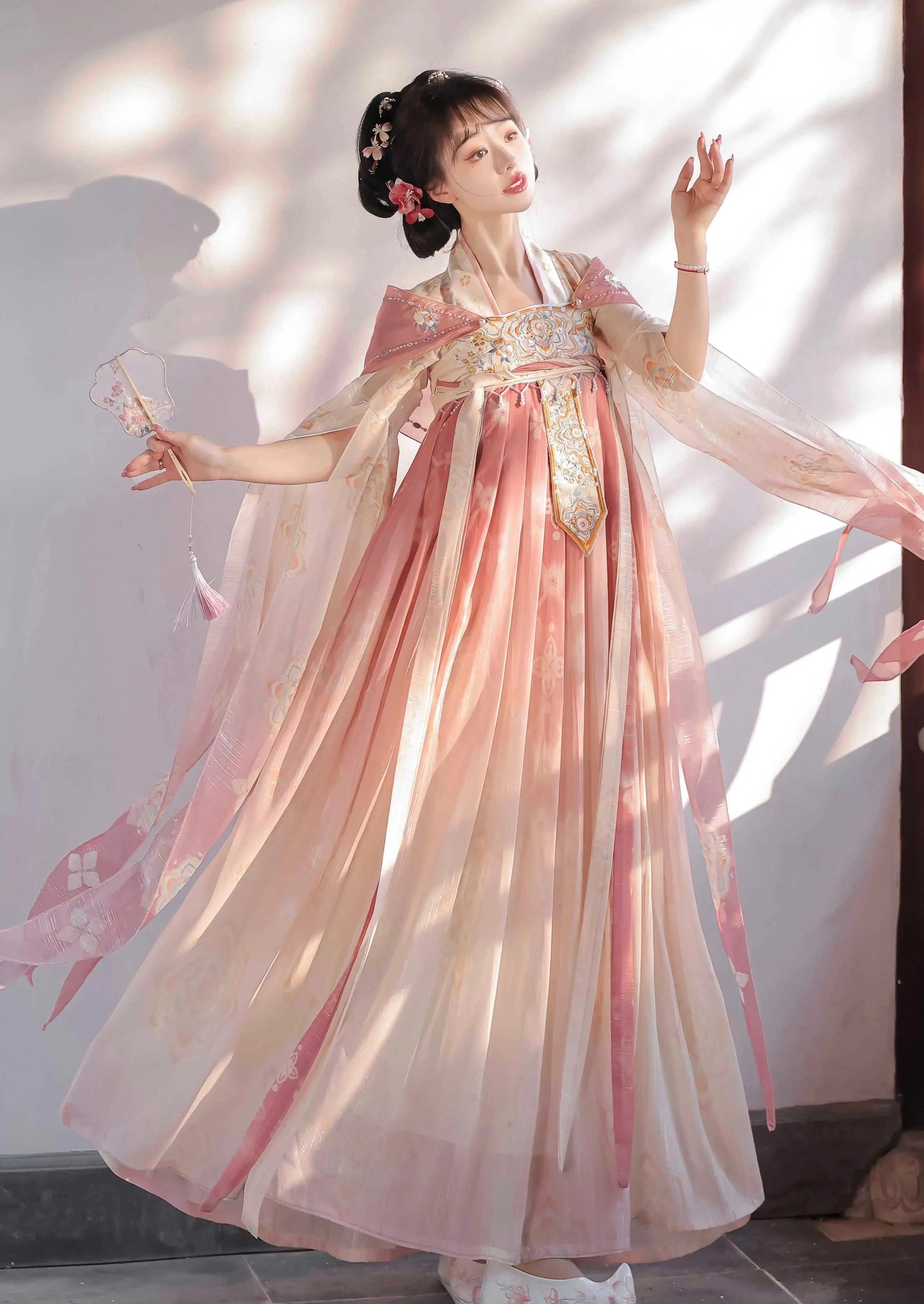 Women Tang Embroidered Chiffon Hanfu 3-Piece Set Skirt+Sleeves+Shawl| HANFUBAO