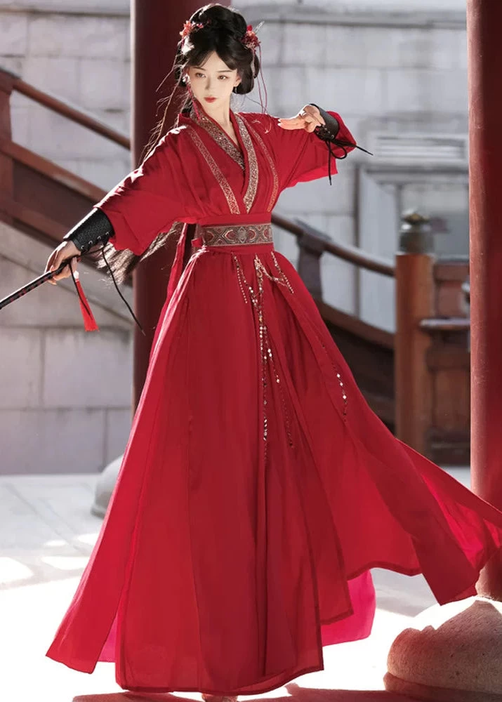 Unisex Modern Daily Hanfu 5-Piece Set Red Pattern | HANFUBAO