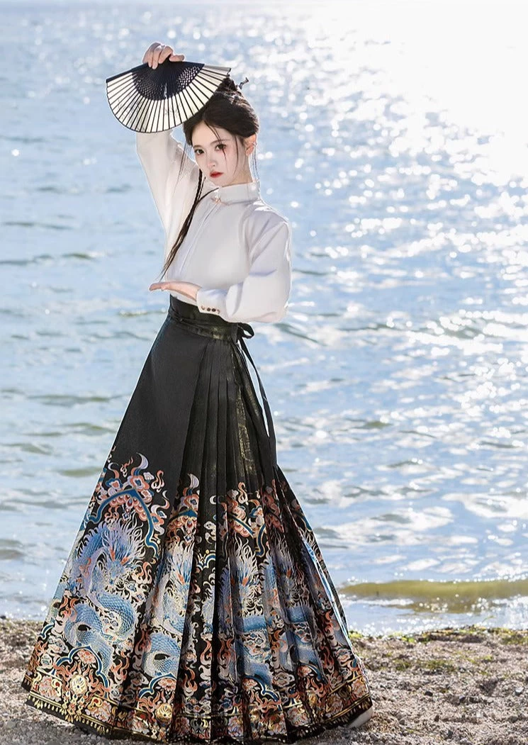 Women's Daily Hanfu Modern Ma Mian Skirt Dragon Embroidery Plus Size | HANFUBAO