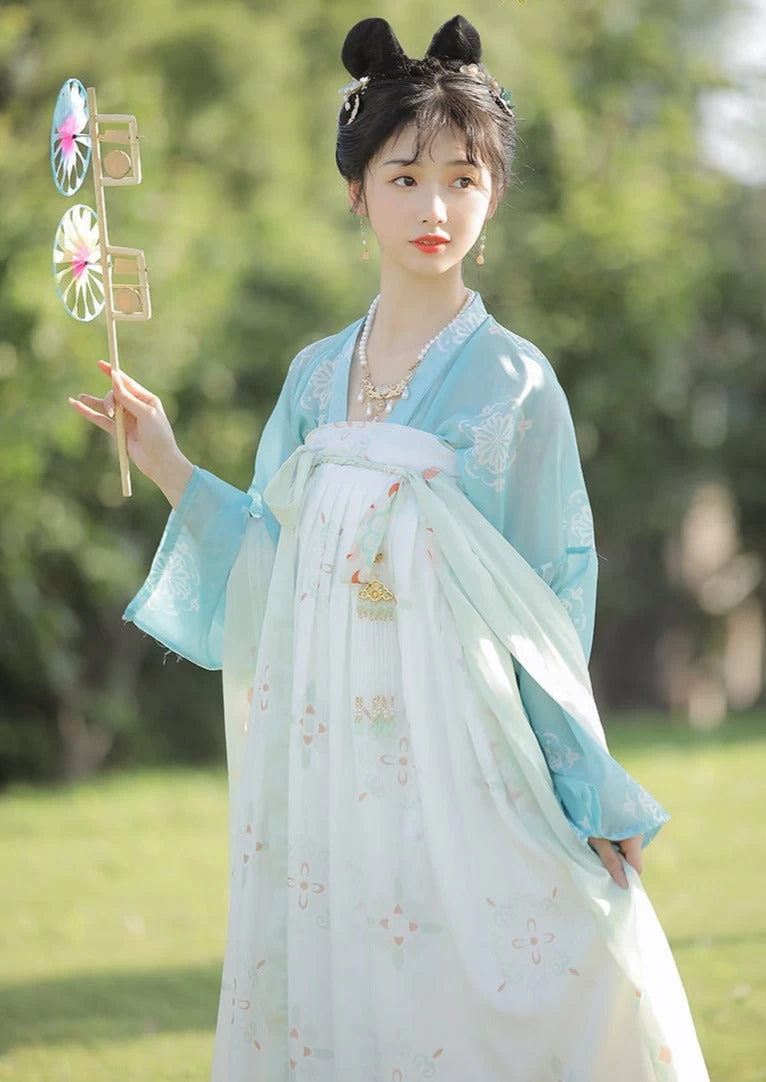 Women's Chiffon Blue White Tang Dynasty Daily Hanfu Set Plus Size | HANFUBAO
