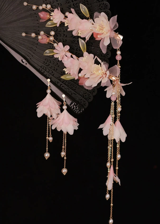 Women Crabapple Flower Yarn & Faux Pearl Hanfu Hair Clips Set (2pcs) | HANFUBAO
