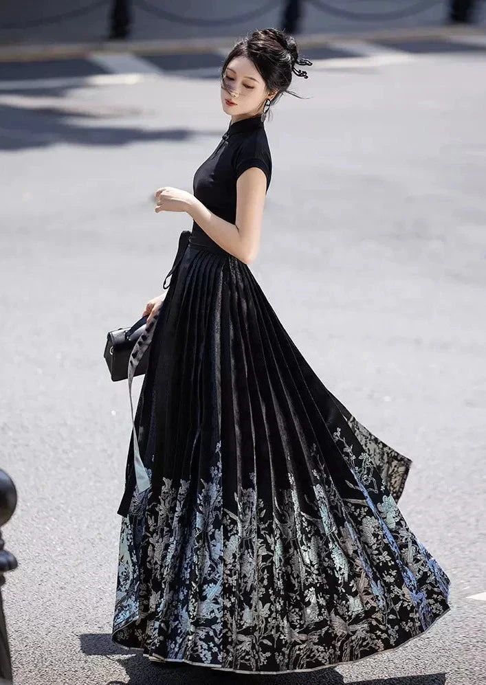 Women's Modern 2-Piece Ma Mian Skirt Hanfu Set Embroidered Polyester| HANFUBAO