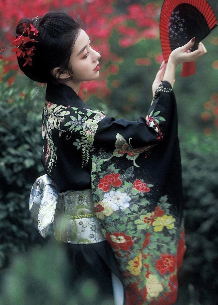 Women’s 2-Piece Hanfu Kimono Set Midnight Peony Floral Print 100%  | HANFUBAO