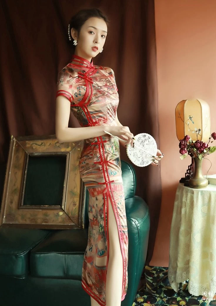 Women Vintage Satin Qipao MeilRed Painting Print | HANFUBAO