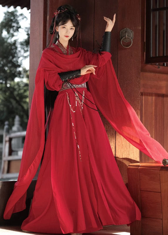 Unisex 5-Piece Modern Daily Hanfu Set Red Dust | HANFUBAO Polyester