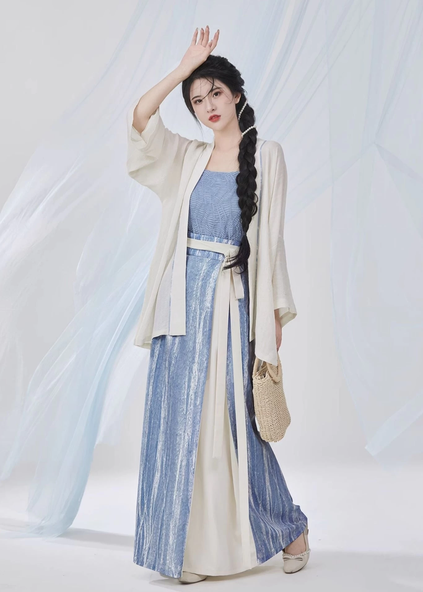 Women Modern Chiffon Hanfu 3-Piece Set Sea Breeze Blue | HANFUBAO