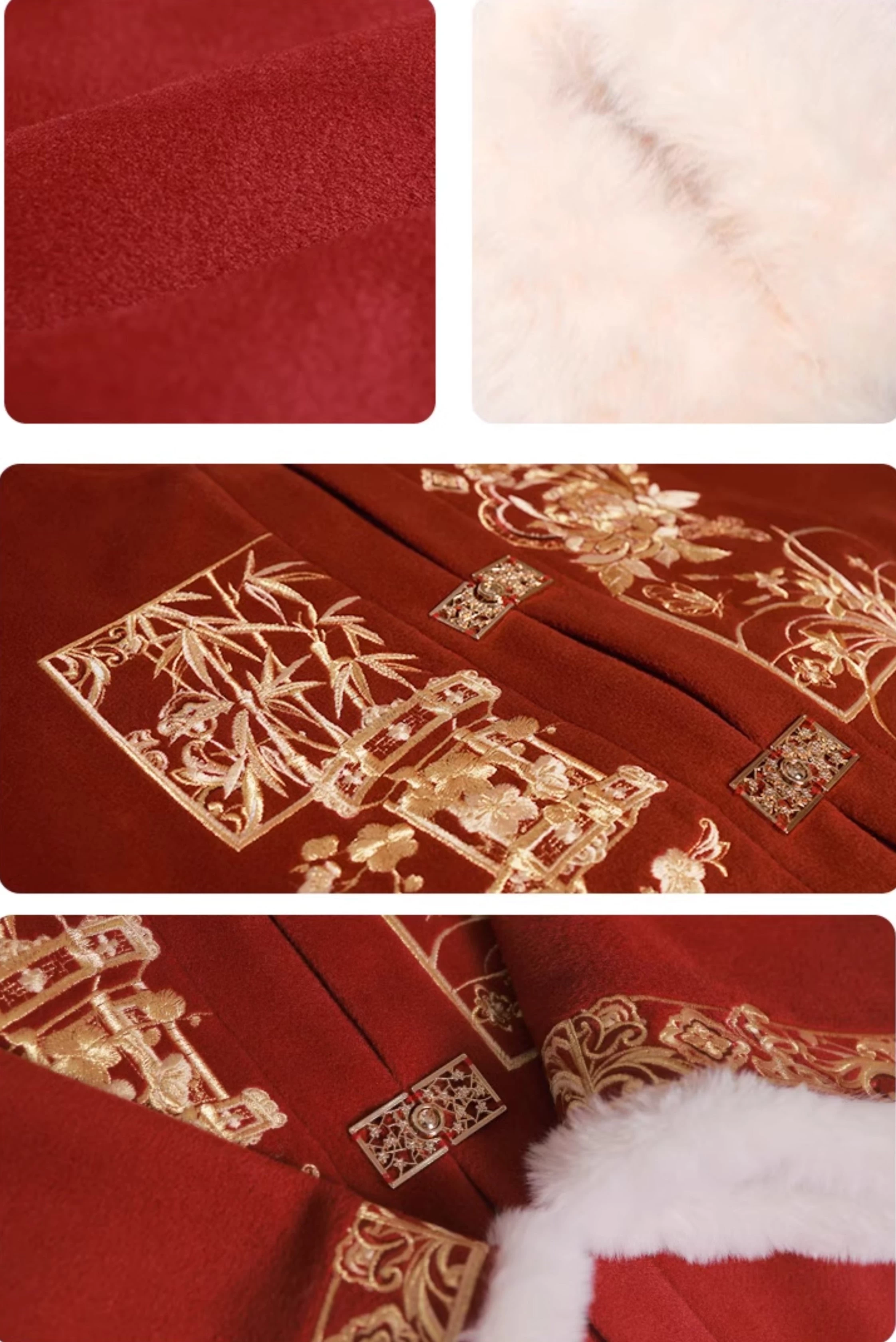 Mirelia | Women  Modern Hanfu Dress Set Fur Collar Floral Red XS-XL