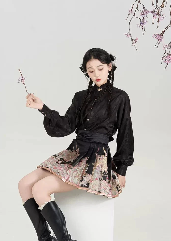 Women's Modern Hanfu Ma Mian Skirt Peach Phoenix Embroidery| HANFUBAO