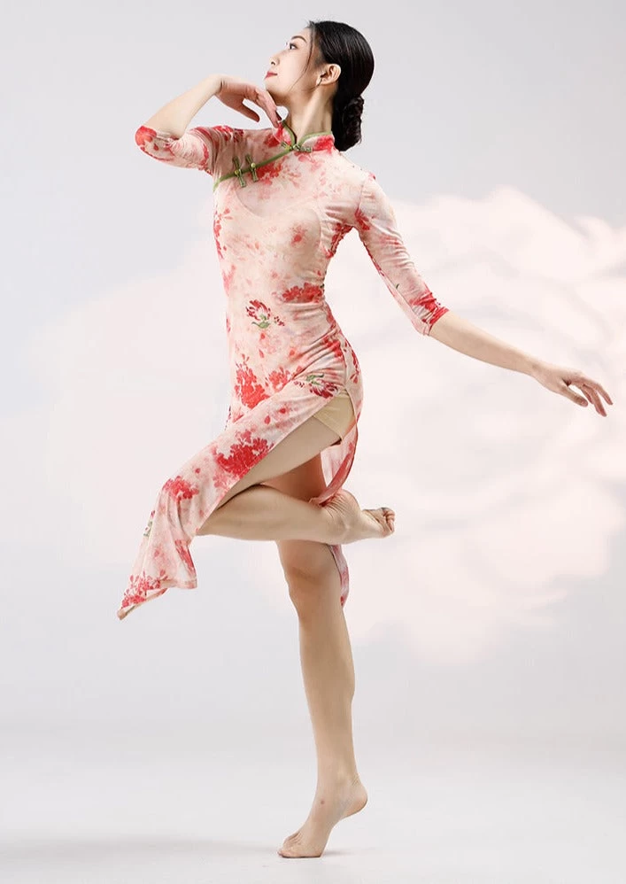 Women Modern Hanfu Stretch Dance Dress Set Rose Deer Print| HANFUBAO