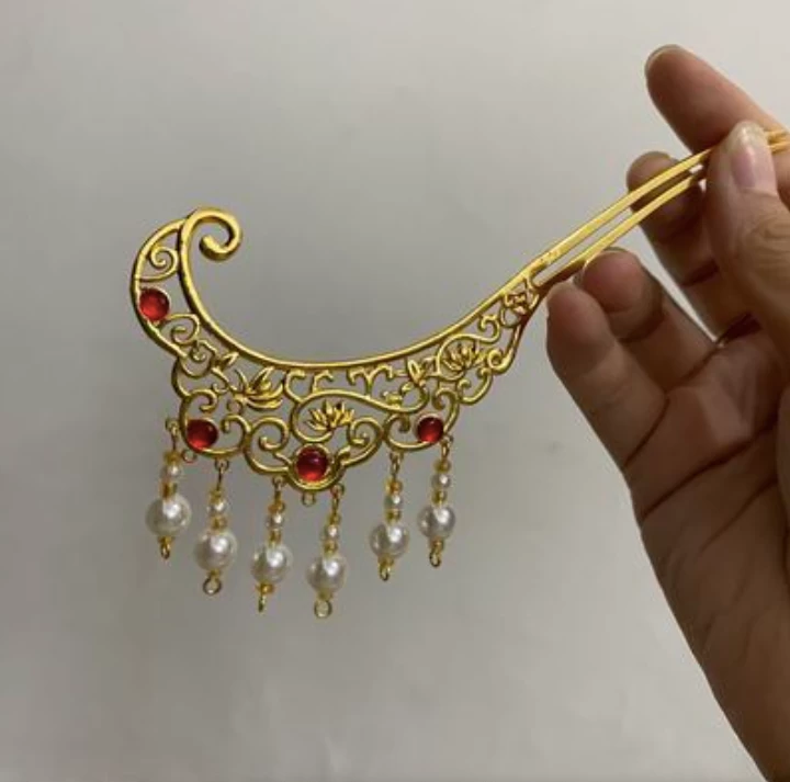 Women Copper Faux Pearl Hairpin Gold Peony Flower Crown | HANFUBAO