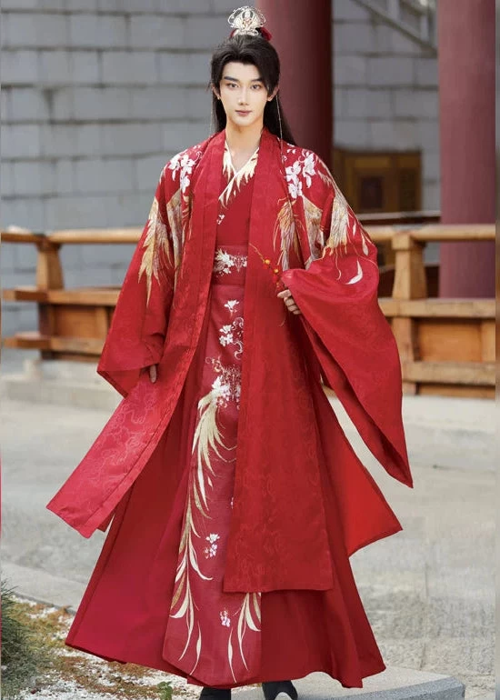 Women 3-Piece Wedding Hanfu Crane Feather Embroidered Red Plus Size| HANFUBAO