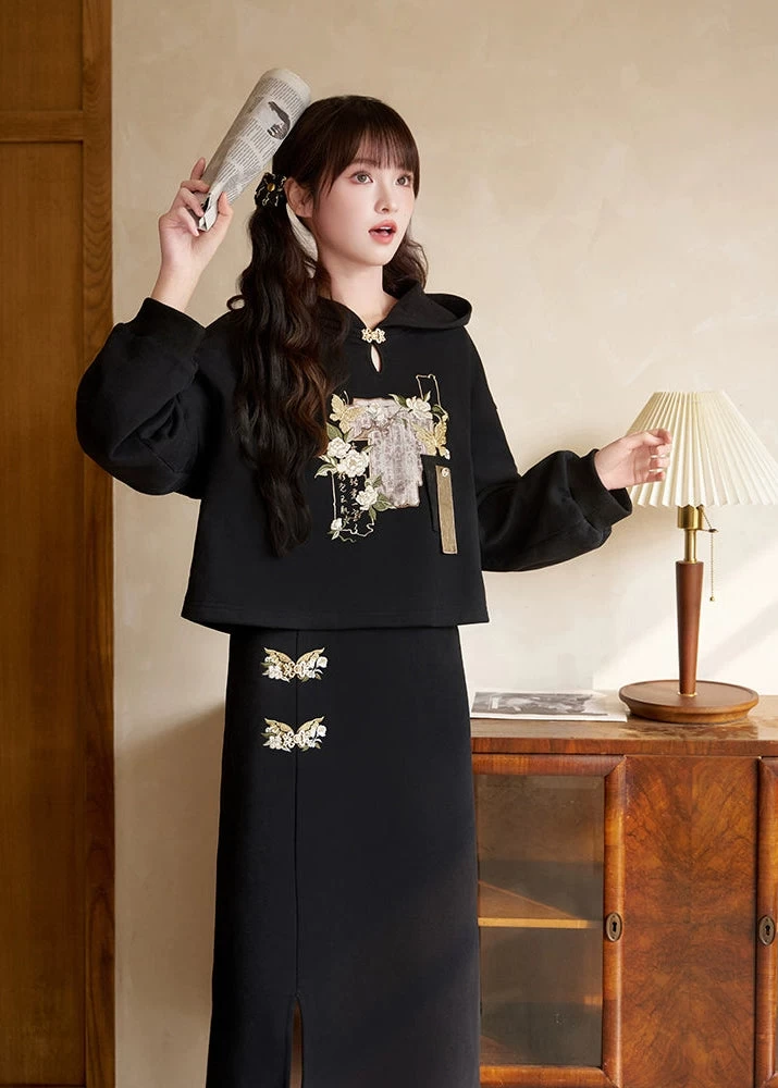 Women’s 2-Piece Modern Daily Hanfu Hoodie Set Jasmine Scroll Print| HANFUBAO