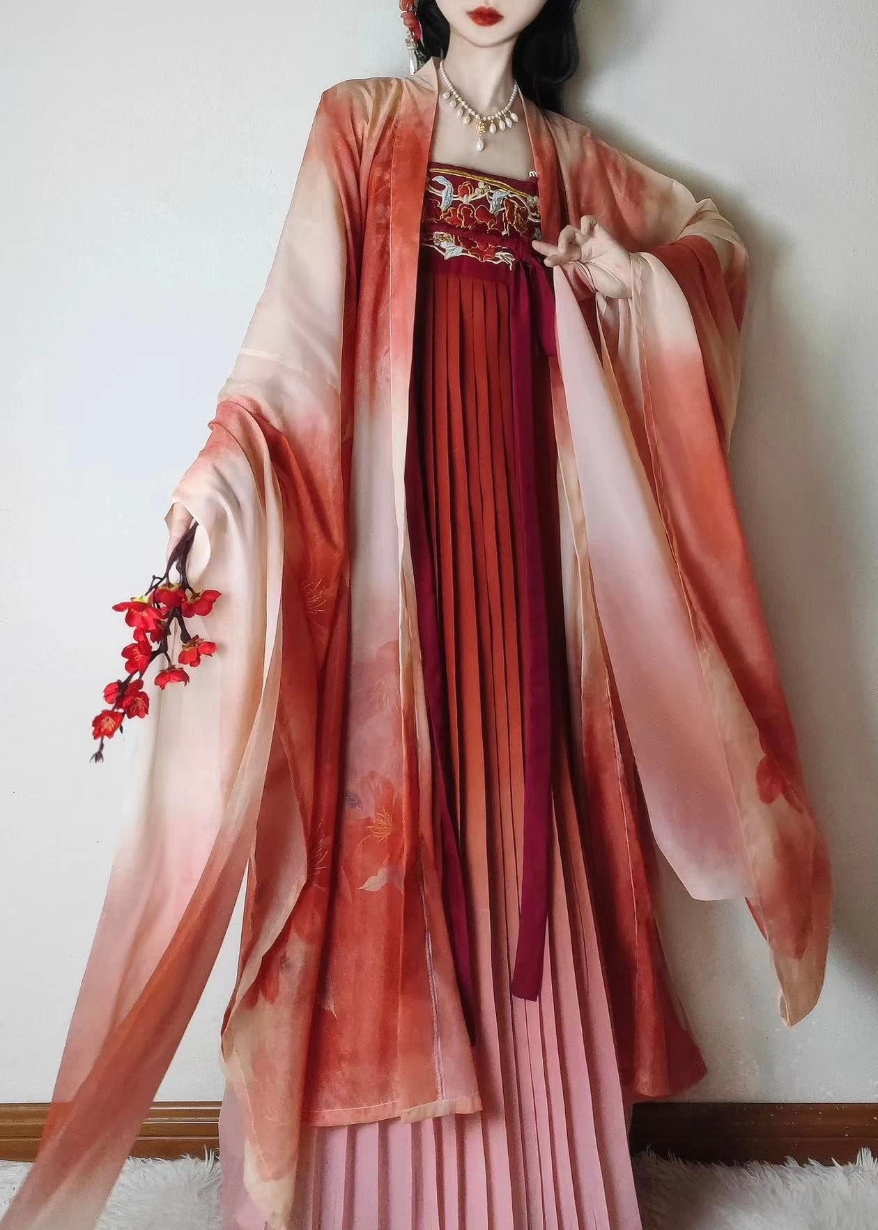 Women's Plus Size Chiffon 3-Piece Hanfu Set Camellia Skirt Coverup Shawl | HANFUBAO