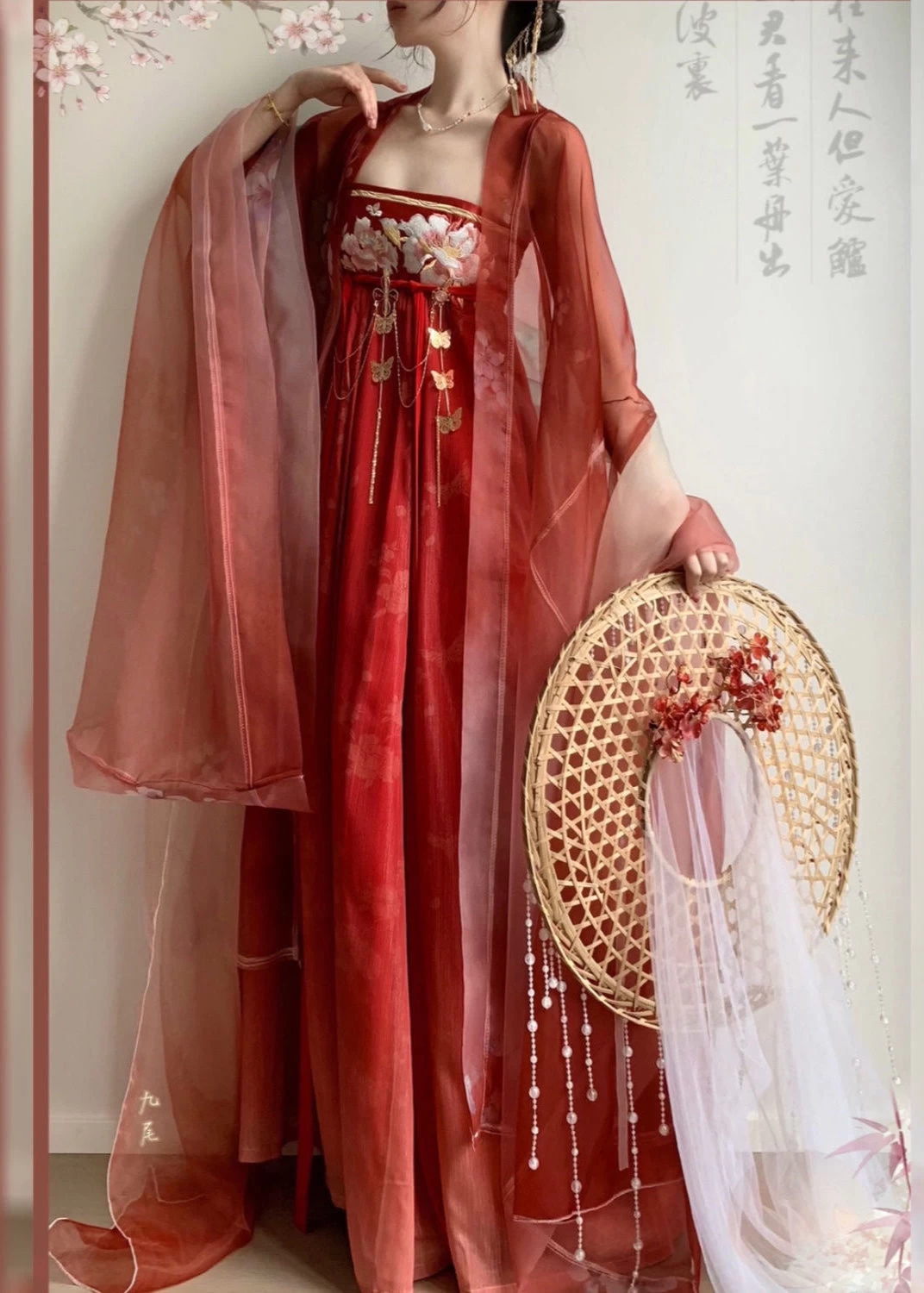 Women's Plus Size 3-Piece Chiffon Hanfu Dress Set Crimson Red| HANFUBAO