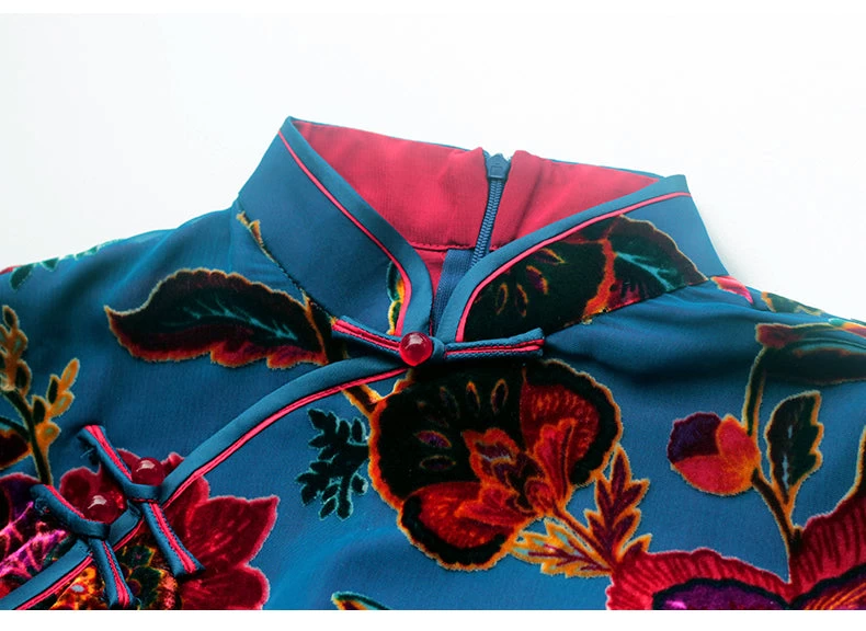 Women Vintage Velvet Qipao Cheongsam Blue Camellia Print | HANFUBAO