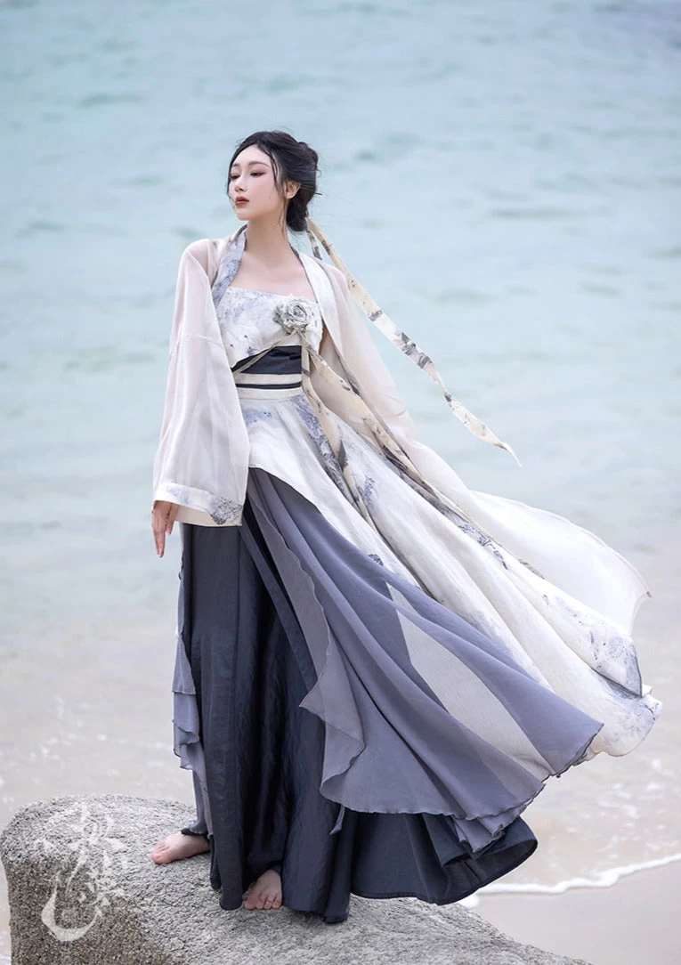 Women Daily Hanfu 3-Piece Modern Ivory Dress Set, Lab Silk Cotton | HANFUBAO