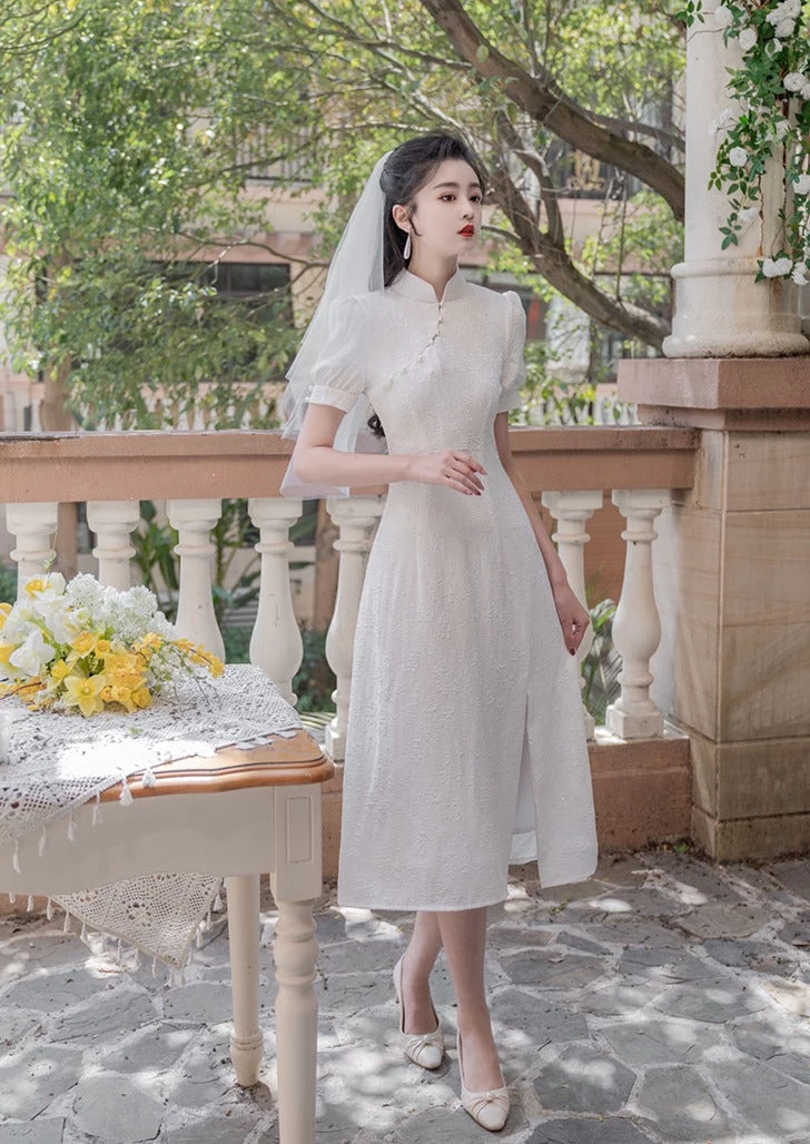 HANFUBAO | Women  Modern Hanfu Bridal Qipao Dress White Embroidery S-XL