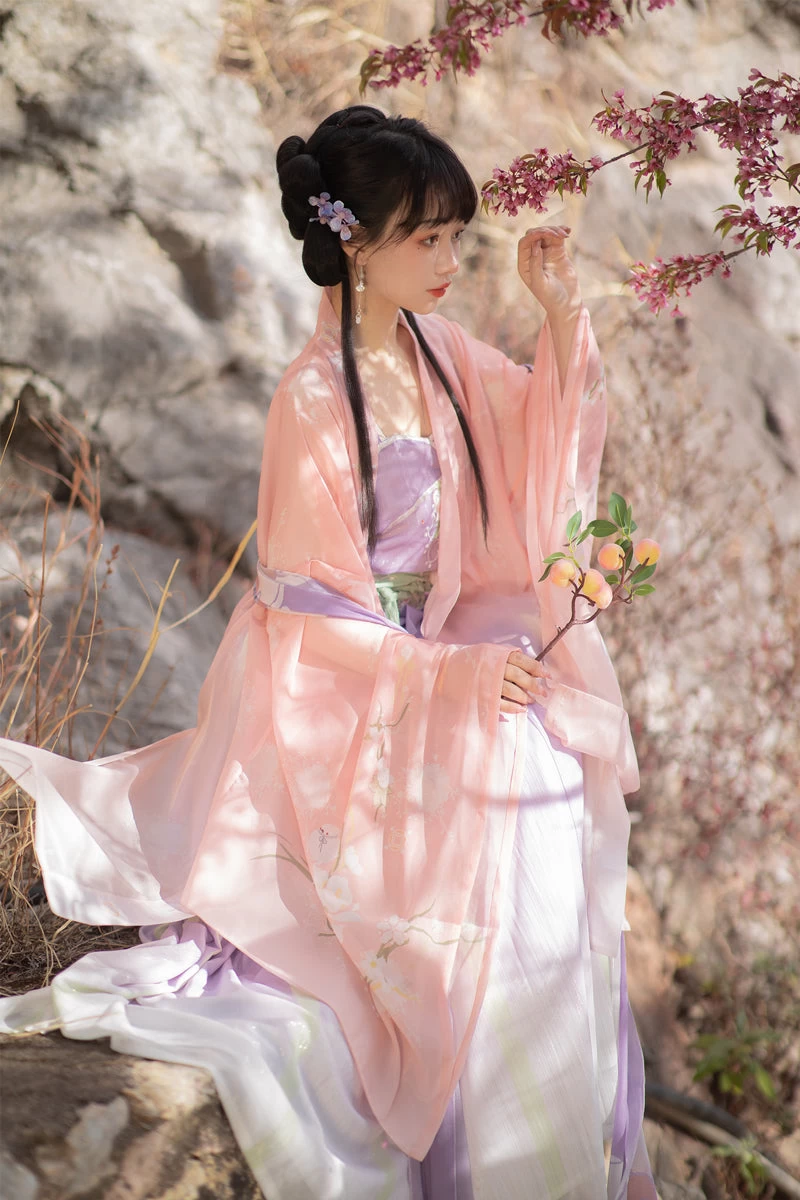 Women Modern Hanfu Chiffon Floral Embroidered Pink Dress Set | HANFUBAO