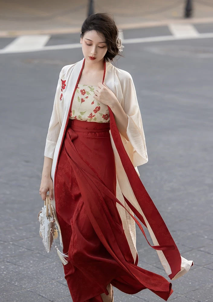 Women Modern Hanfu 3pcs Artificial Silk Floral Set | HANFUBAO