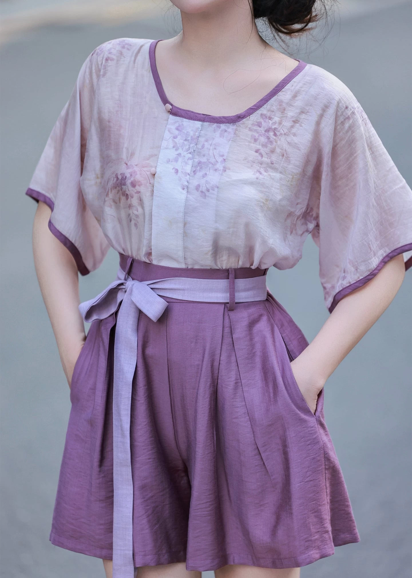 Women Rayon Blend Modern Daily Hanfu 3-Piece Set Purple Wisteria | HANFUBAO