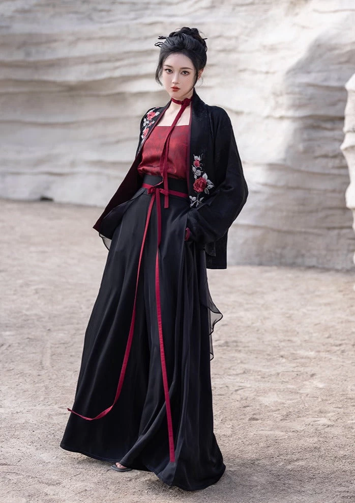 Women's Modern Daily Hanfu Silk-Cotton 4-Piece Pants Set Red | HANFUBAO