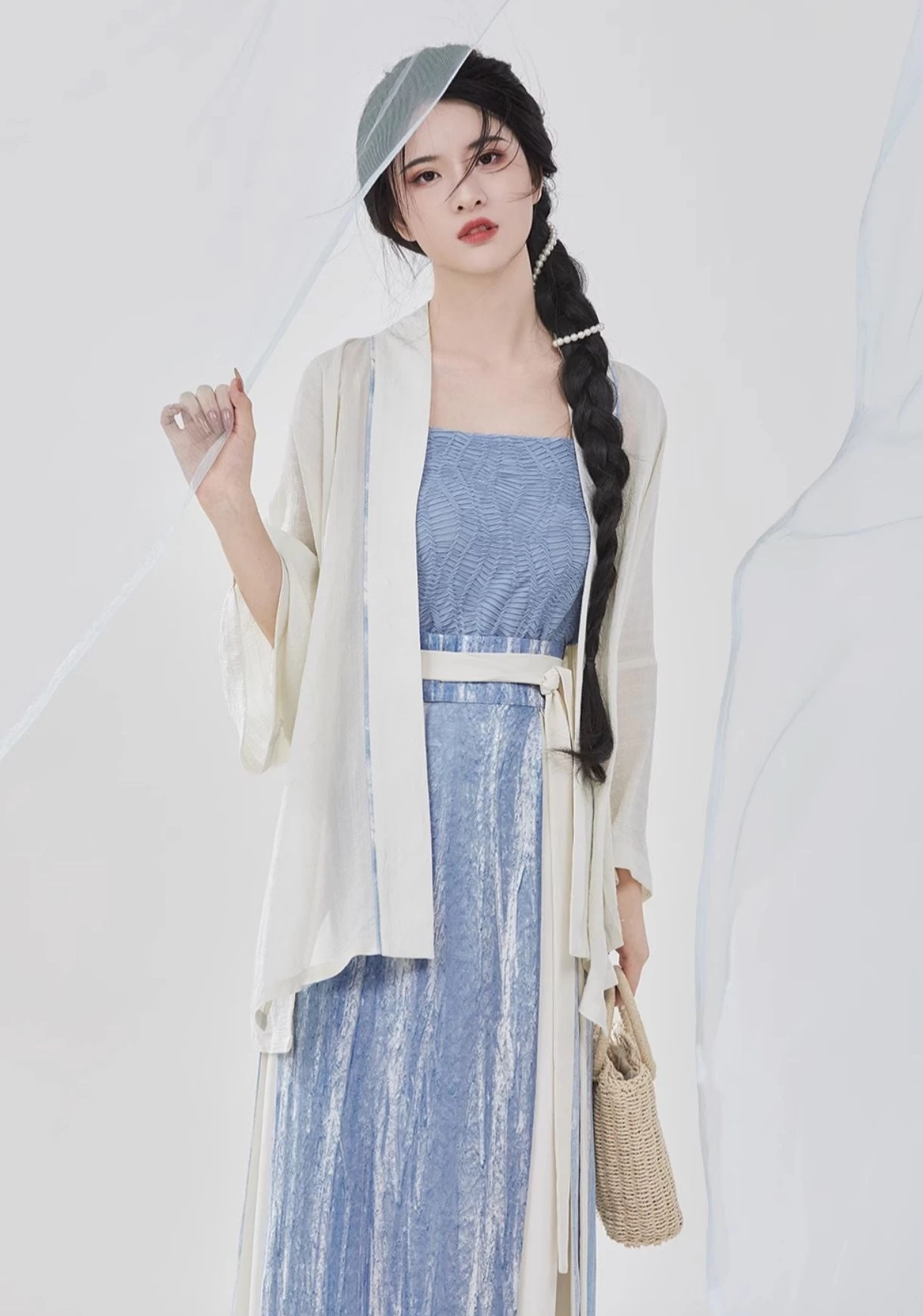 Women Modern Chiffon Hanfu 3-Piece Set Sea Breeze Blue | HANFUBAO