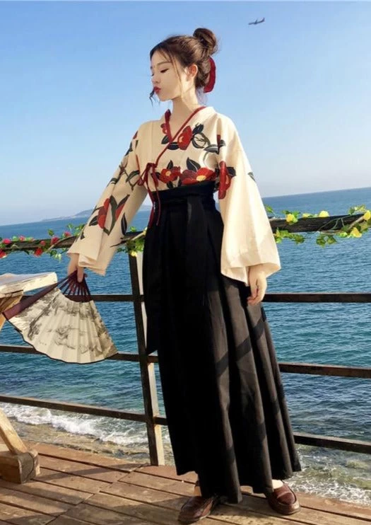 Women's Modern Daily Hanfu Set Black Camellia Print Plus Size | HANFUBAO