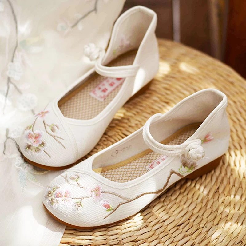 Women Canvas Hanfu Embroidered Flats Ivory/Blush Floral| HANFUBAO