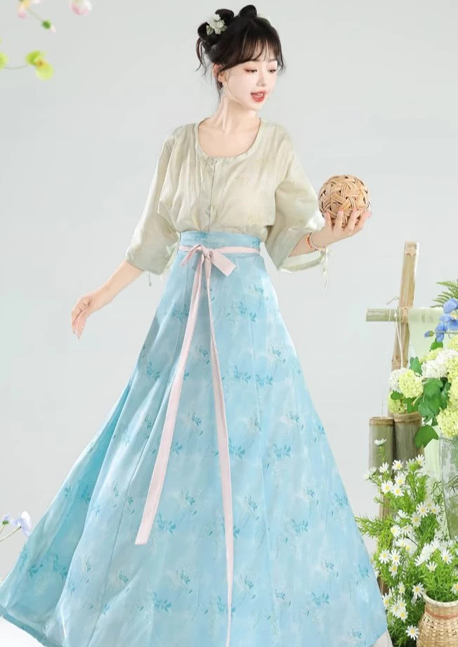 Women Floral Daily Hanfu 2-Piece Top & Skirt Set Artificial Silk| HANFUBAO