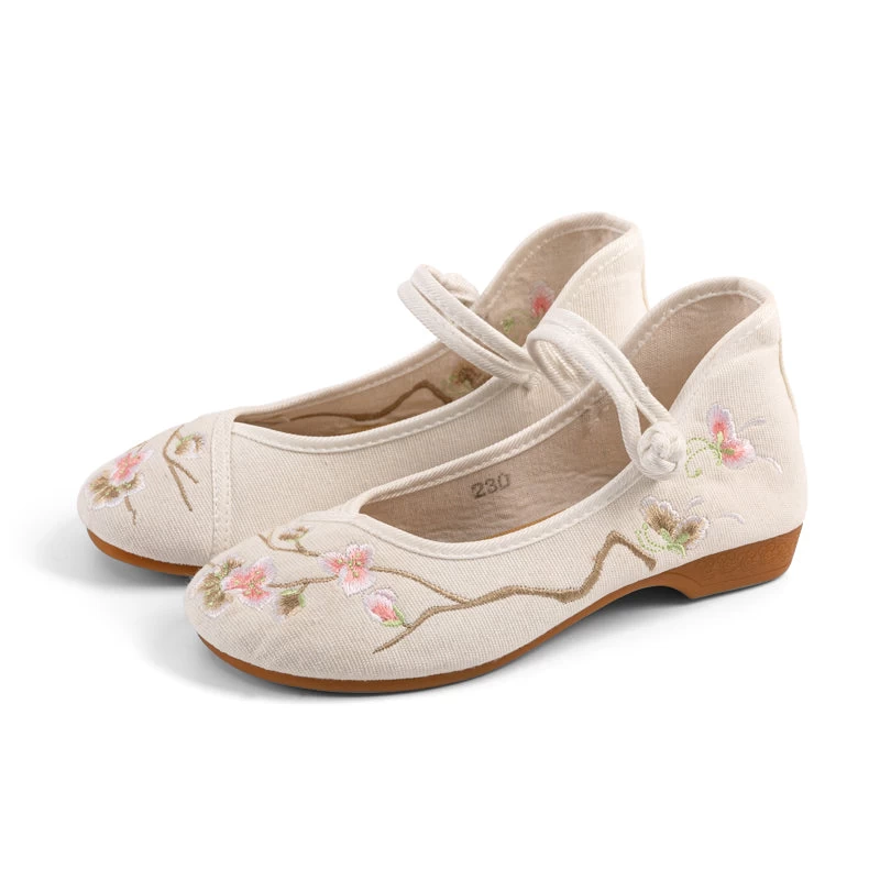 Women Canvas Hanfu Embroidered Flats Ivory/Blush Floral| HANFUBAO