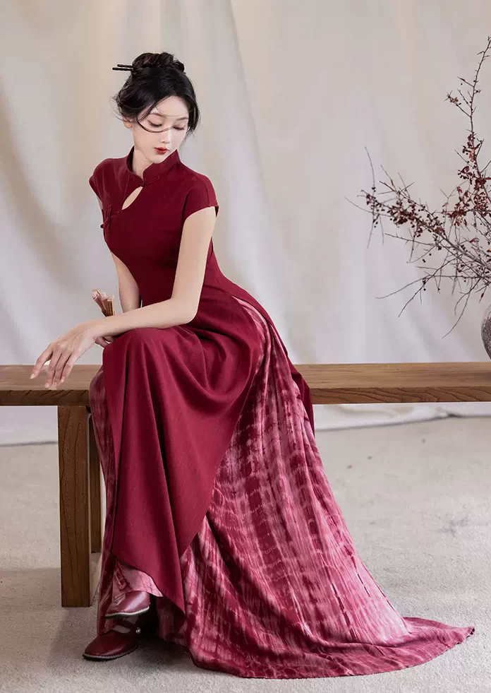 Women Modern Linen-Blend 2-Piece Qipao Dress Set Scarlet | HANFUBAO