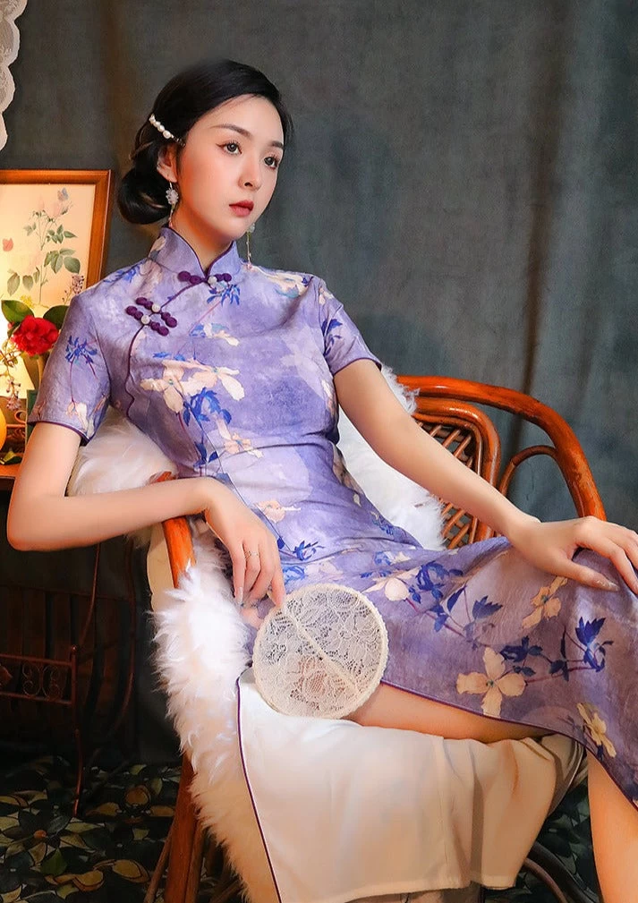 Women Modern Hanfu Linen Qipao Purple Magnolia Print | HANFUBAO