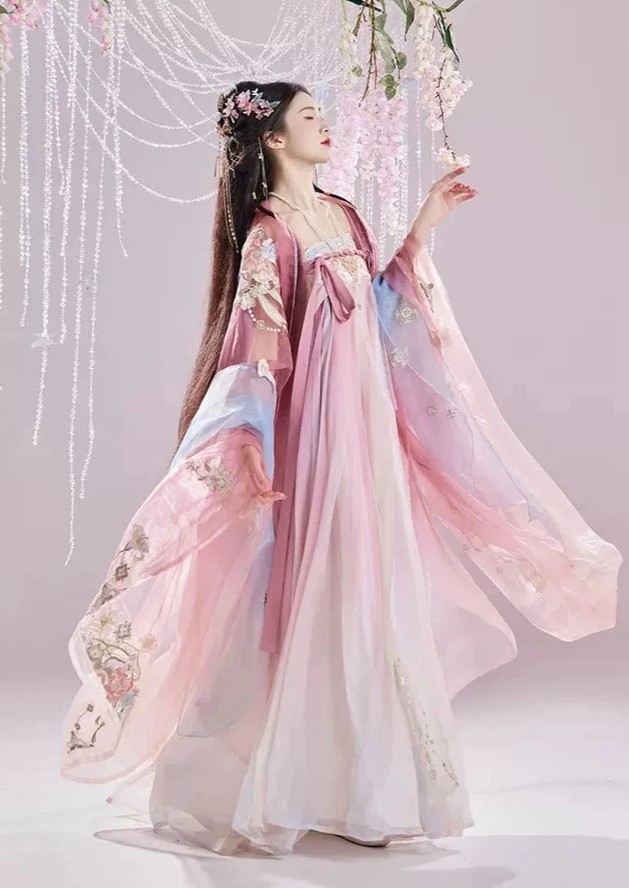 Women Modern Daily Hanfu 3-Piece Peach Blossom Floral Embroidery Yarn Set | HANFUBAO