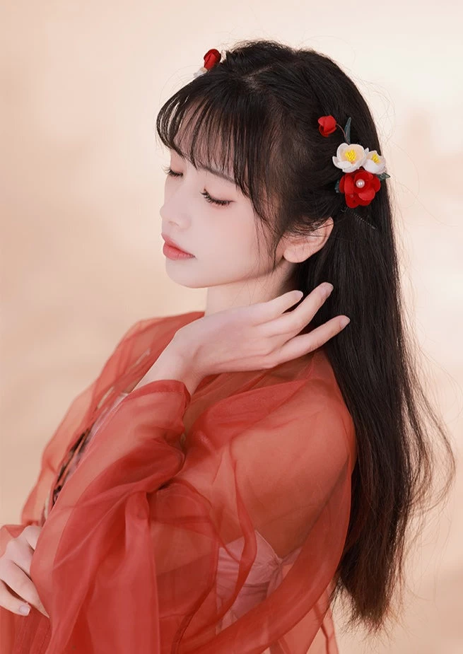 Women Camellia Floral Yarn & Faux Pearl Hair Clips Set for Hanfu Weddings| HANFUBAO