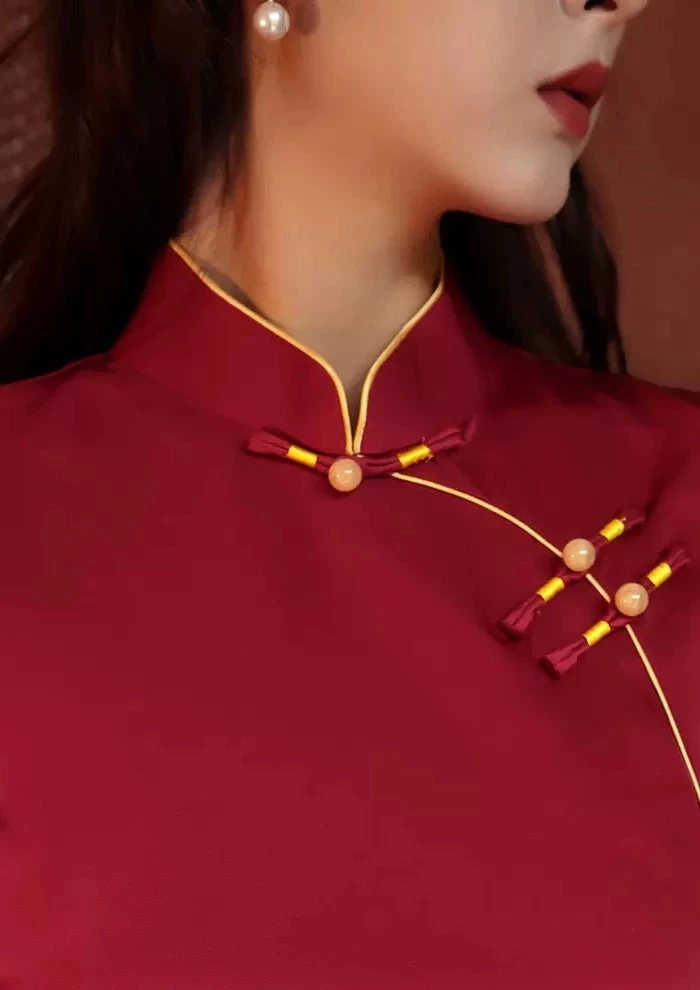 Women Acetate Satin Modern Hanfu Qipao Dress High Slit Red/3 Colors| HANFUBAO