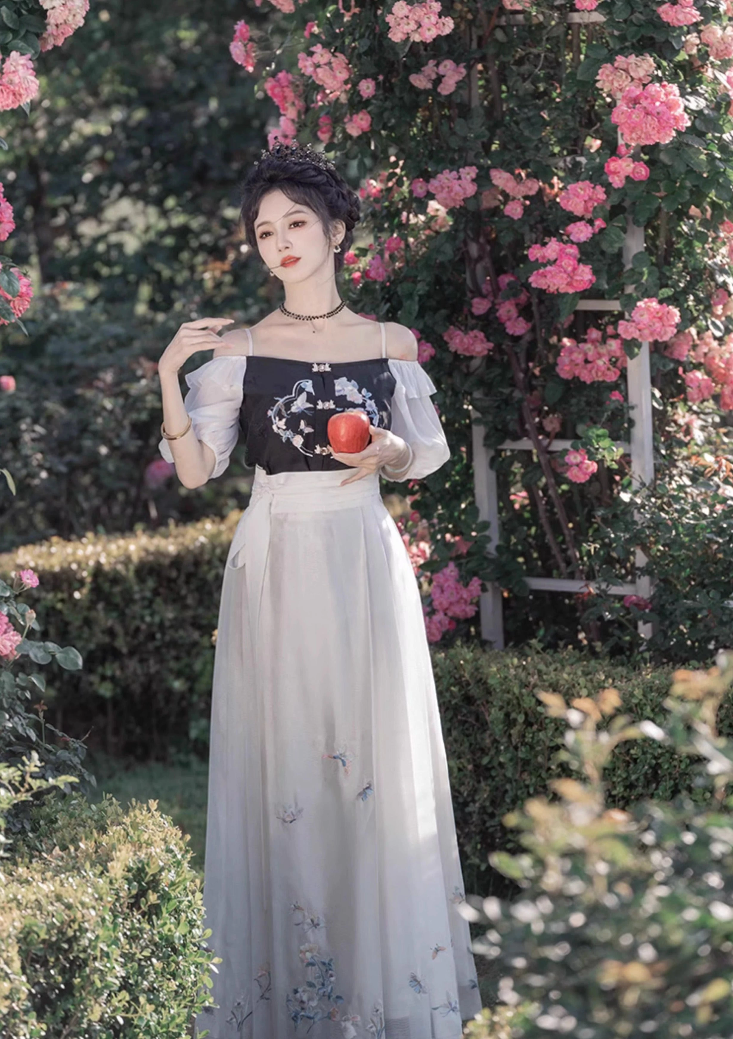 Women's Daily Hanfu Chiffon Puff Sleeve Top+Skirt Floral Rabbit Embroidery| HANFUBAO