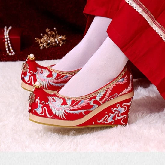 Bridal Embroidered Wedding Shoes Red Floral Butterfly Linen Pearls | HANFUBAO