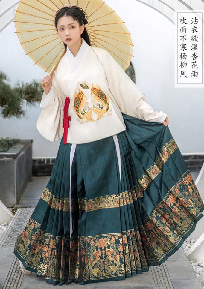Women Ming Ma Mian Hanfu Skirt Golden Floral Embroidery Plus Size | HANFUBAO