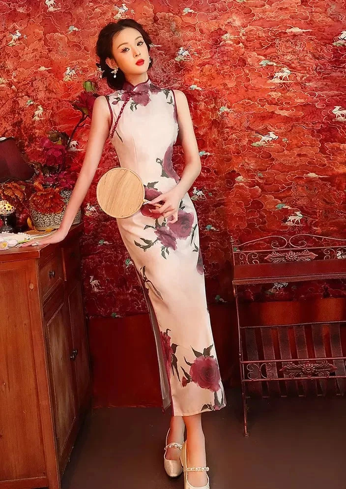 Women’s Modern Hanfu Qipao Dress for Daily Wear Acetate Satin Rose Print| HANFUBAO