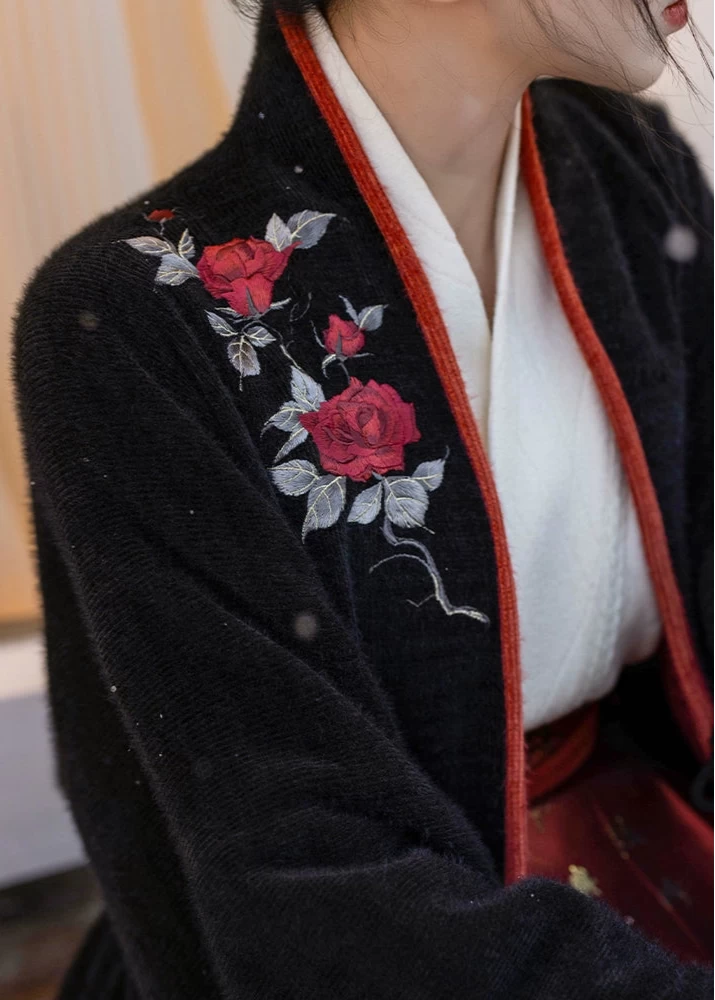 HANFUBAO | Women Chenille Modern Hanfu 3-Piece Ma Mian Set Black Red S-XL