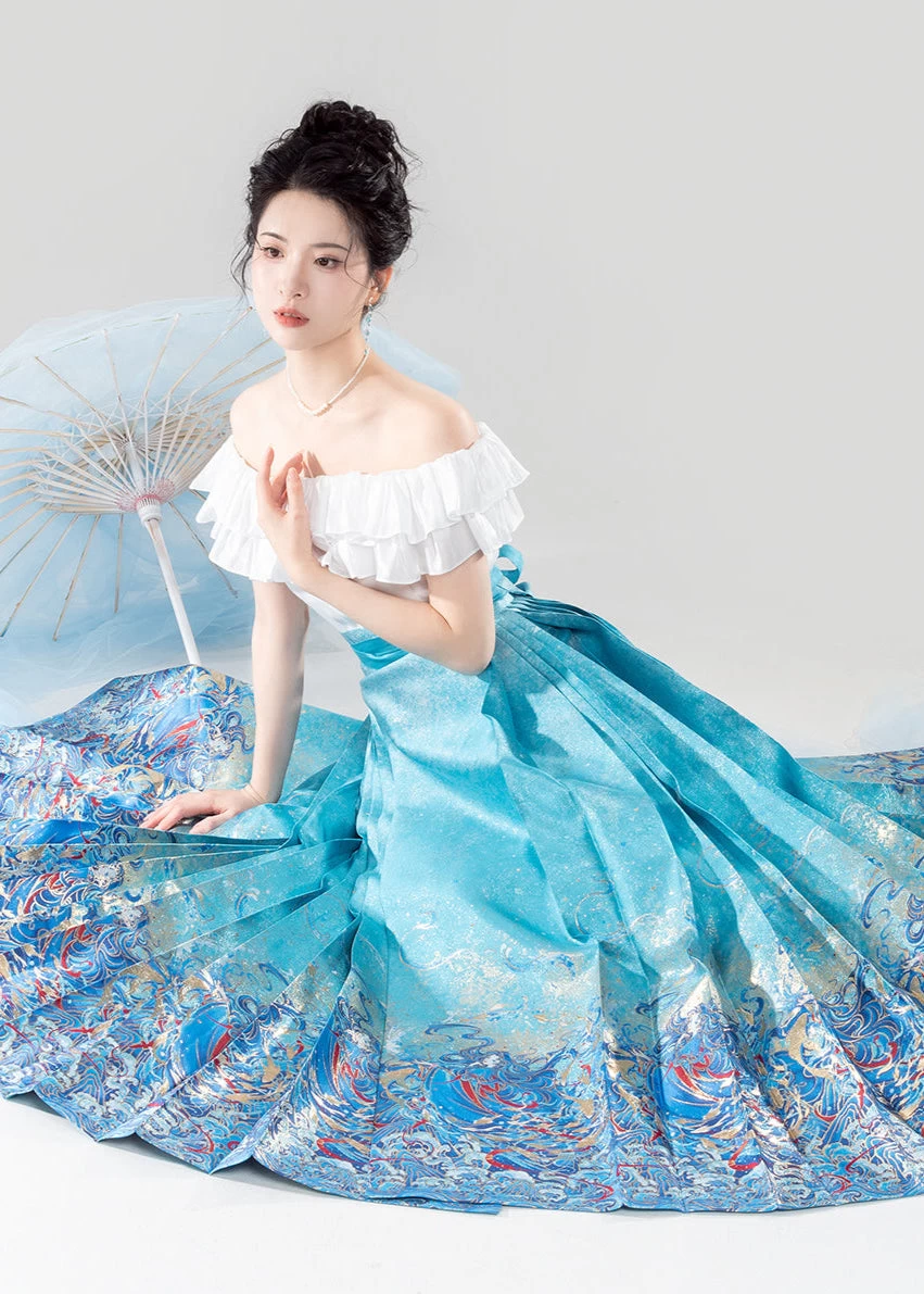 Women’s Modern Water-Themed 2-Piece Ma Mian Hanfu Skirt Set, Polyester| HANFUBAO