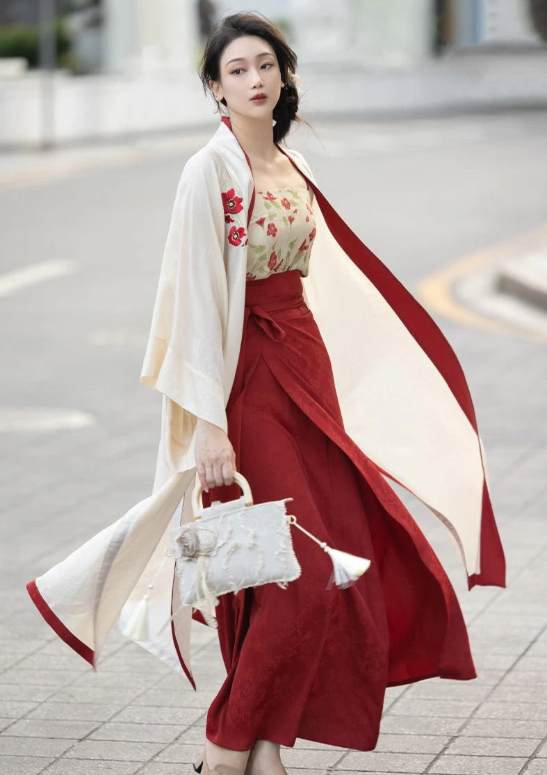 Women Modern Hanfu 3pcs Artificial Silk Floral Set | HANFUBAO