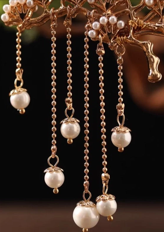 Women Faux Pearl Metal Hairpin Gold Pine Pattern | HANFUBAO