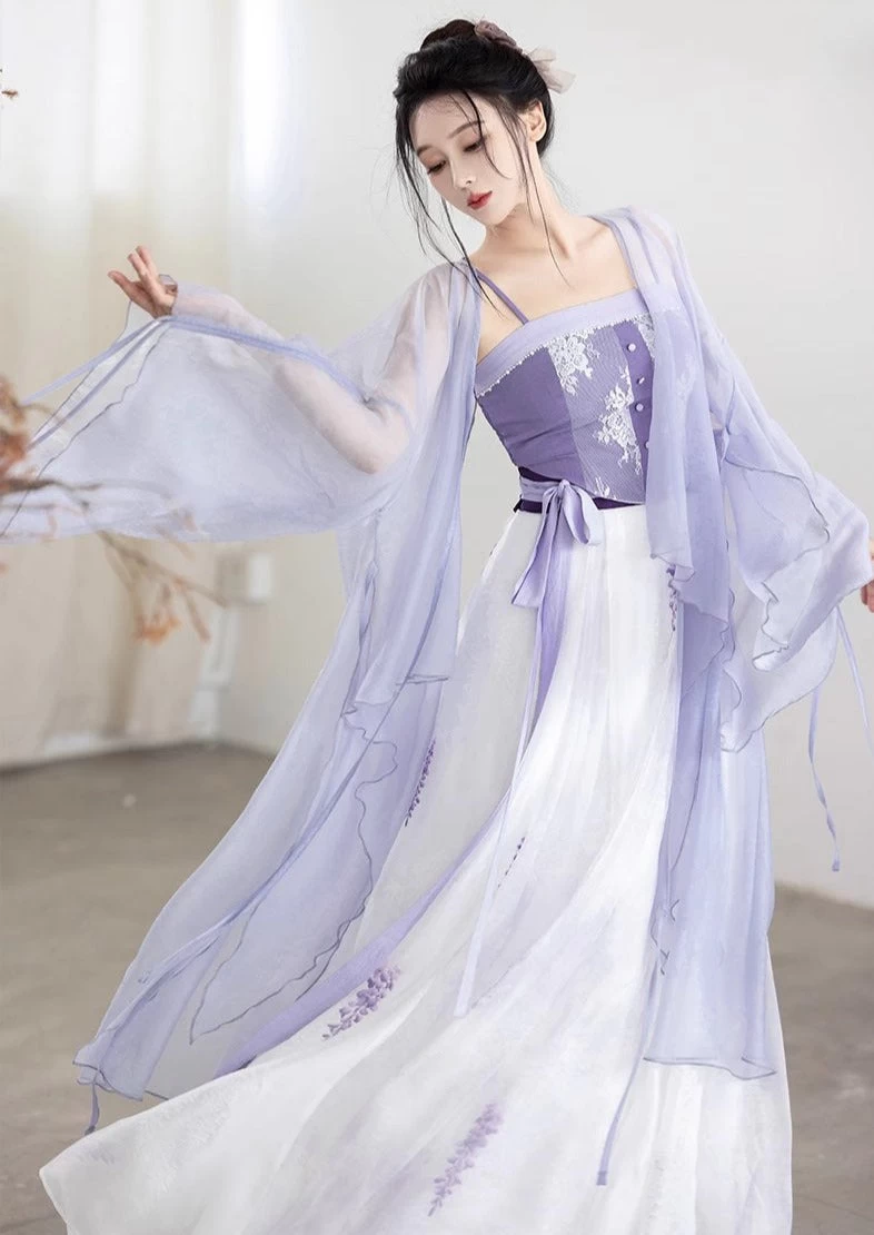 Women’s Artificial Silk Modern Hanfu 3-Piece Set Purple Wisteria | HANFUBAO
